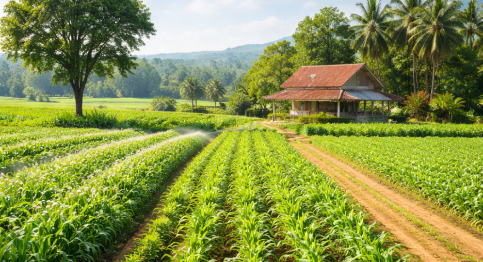 Agriculture farmland with green crops and farmhouse for investment